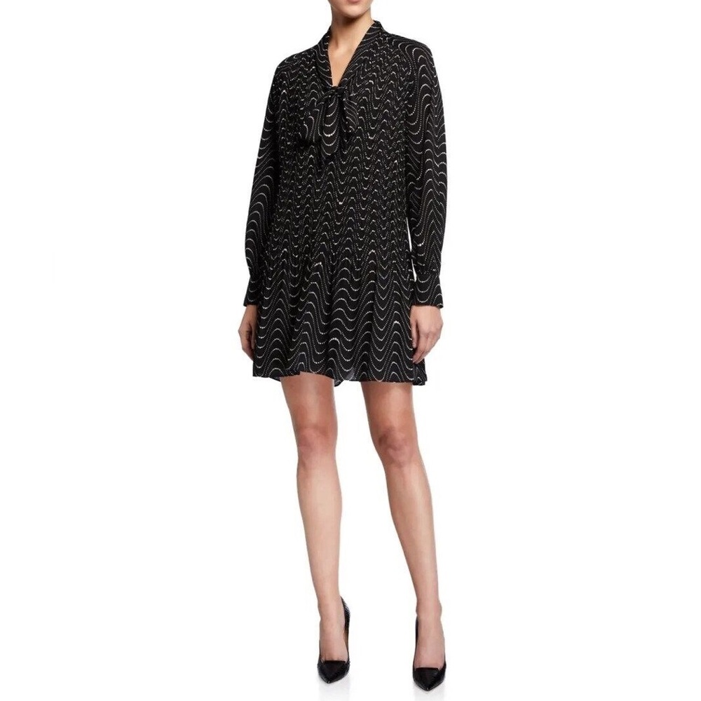 KATE SPADE Black Wavy Dot Shift Relaxed Pleated Chiffon Necktie Mini Dress